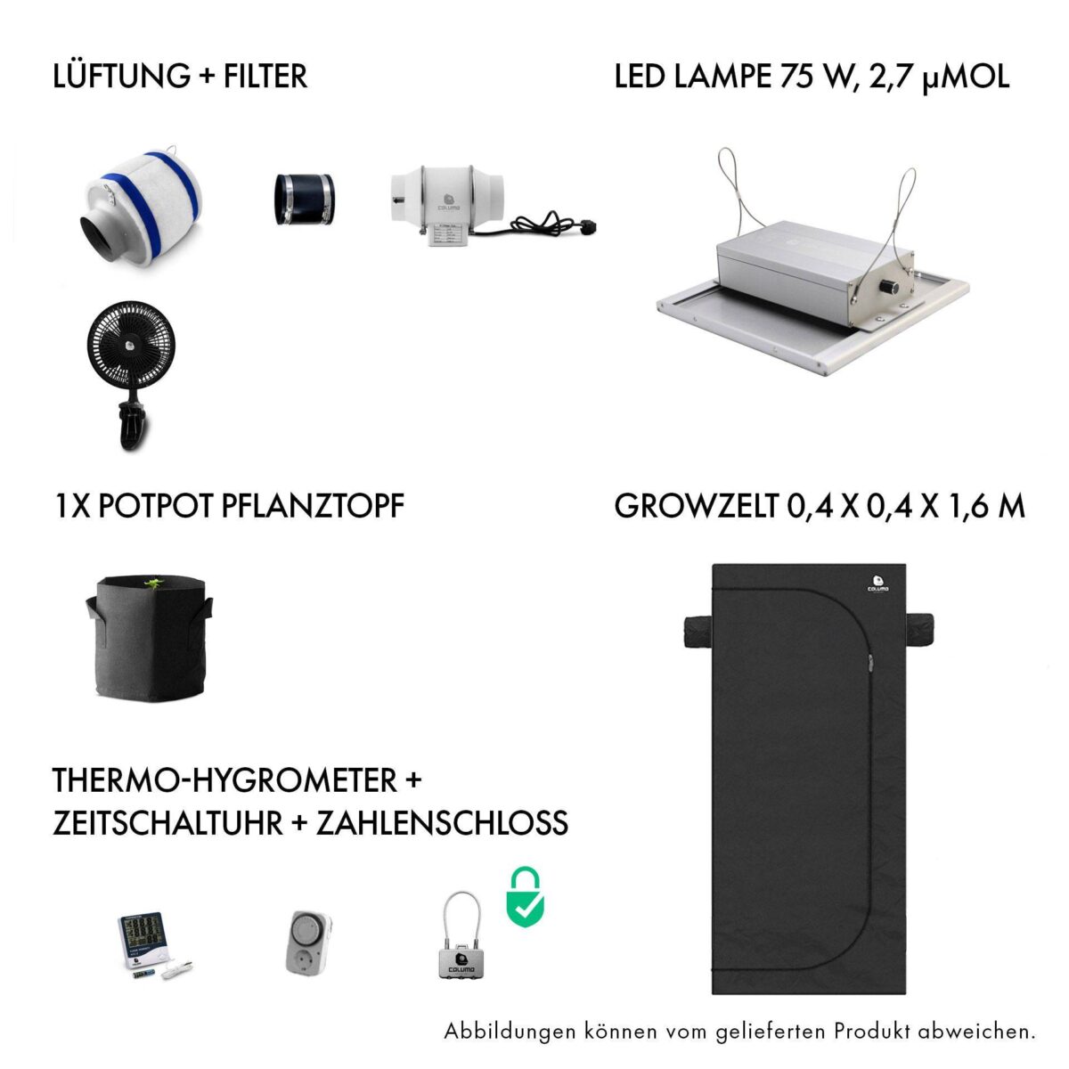 GrowBox Komplettset LED 75 W – 40x40x160cm – Caluma Grow Set bestellen kaufen